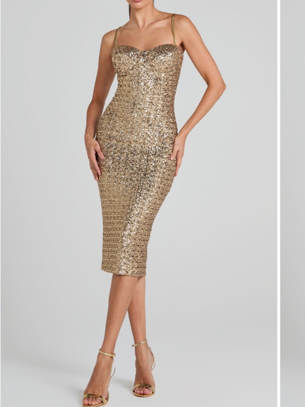 NADINE MERABI Nina Gold Sequin Midi Dress size 4